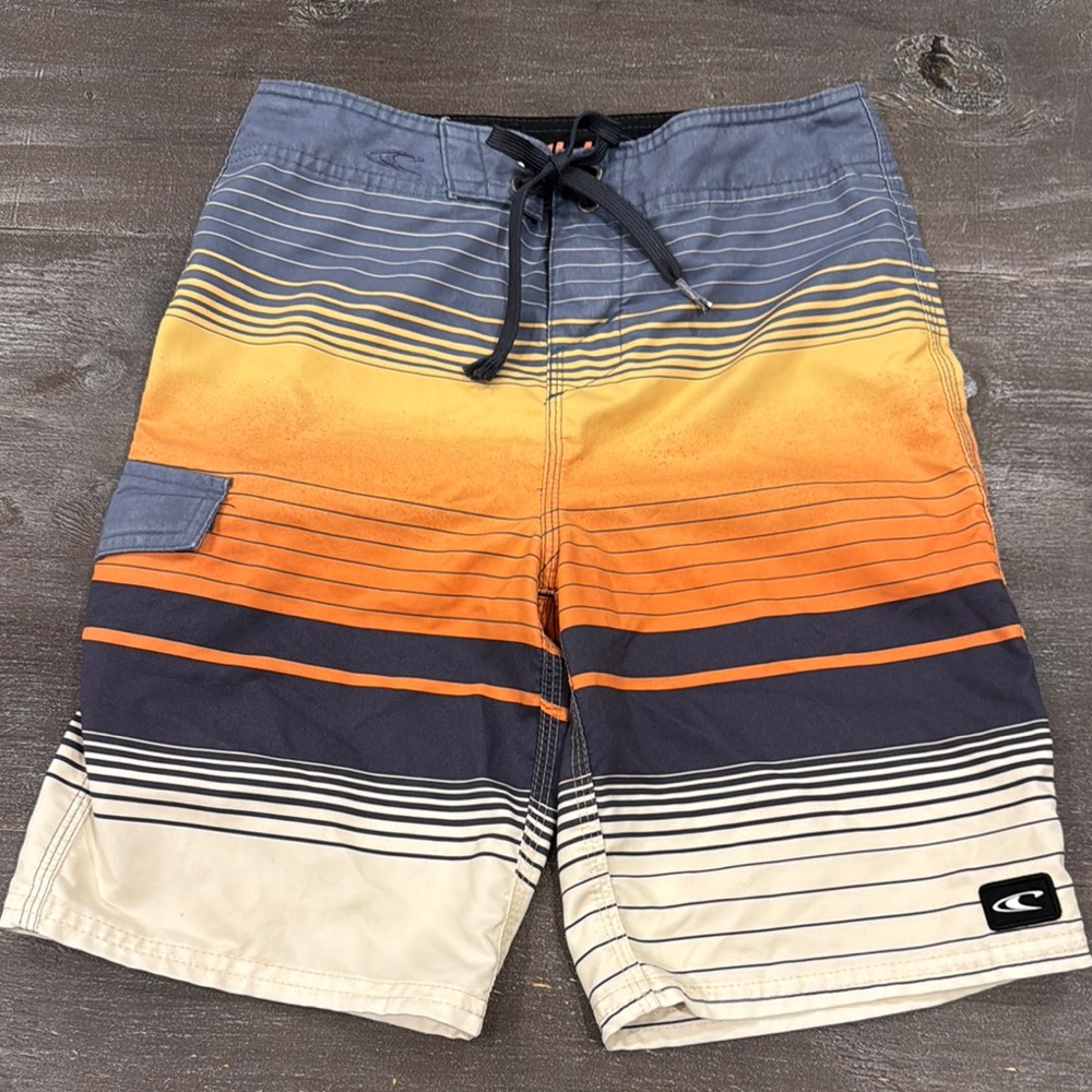O'Neill Orange Gray Board Shorts Boys Swim Trunks Gradient Design Sz 26 M 10/12